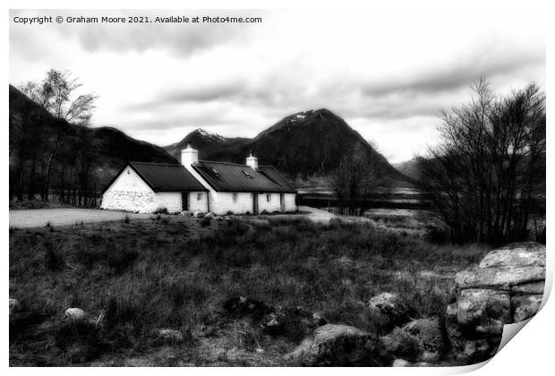 blackrock cottage glencoe monochrome Print by Graham Moore