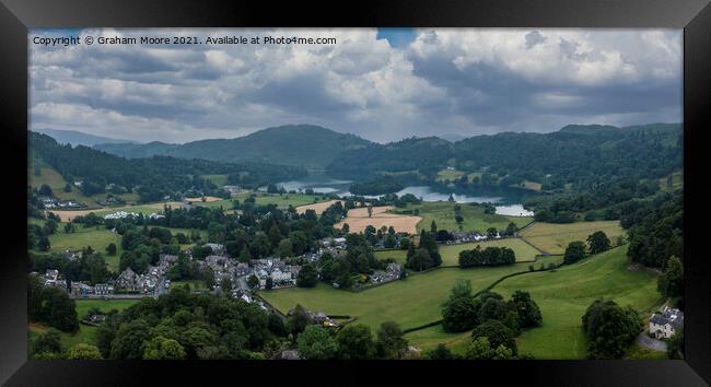 Grasmere village and lake panorama Framed Print by Graham Moore
