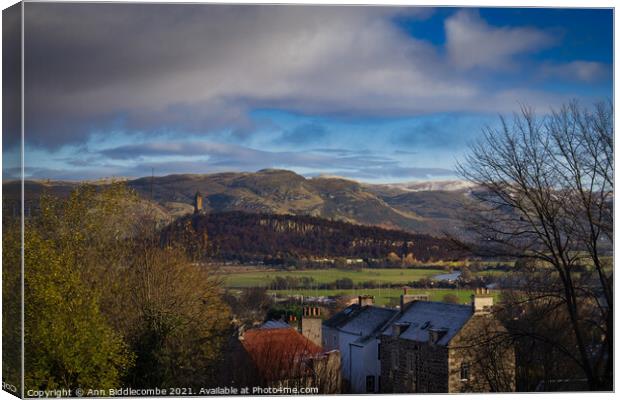 A view from Stirling Castle looking towards Wallace monument Canvas Print by Ann Biddlecombe