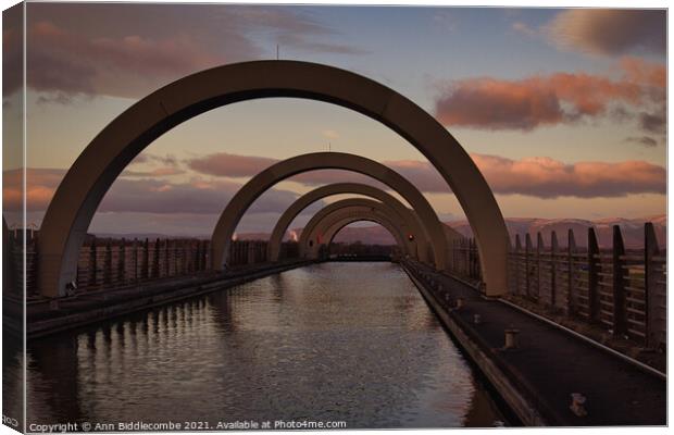 The top of the Falkirk wheel on the canal Canvas Print by Ann Biddlecombe