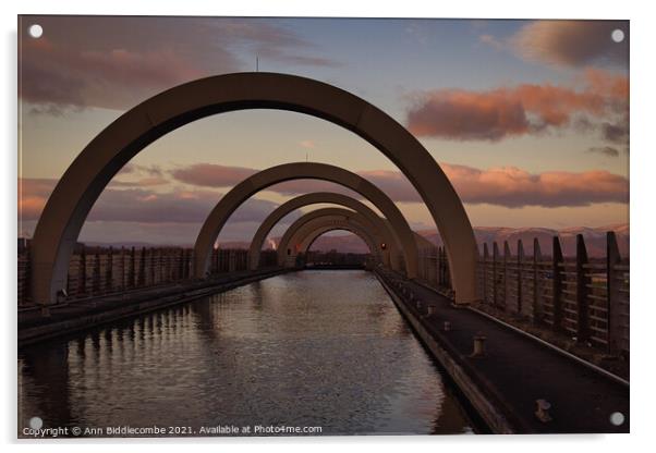 The top of the Falkirk wheel on the canal Acrylic by Ann Biddlecombe