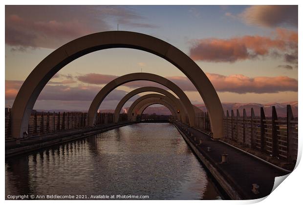 The top of the Falkirk wheel on the canal Print by Ann Biddlecombe