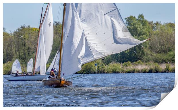 Head on view of traditional sailing boat on Wroxham Broad, Norfolk Print by Chris Yaxley