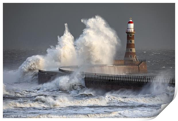 Storm Arwen at Roker Lighthouse Print by Ray Pritchard