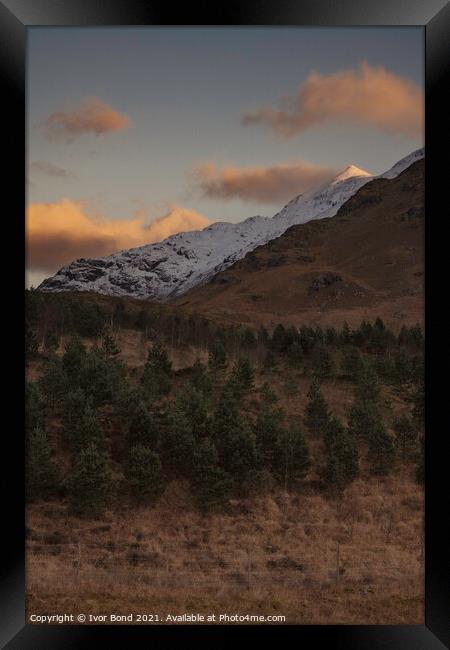 Sunrise on Snow Capped Mountain Framed Print by Ivor Bond