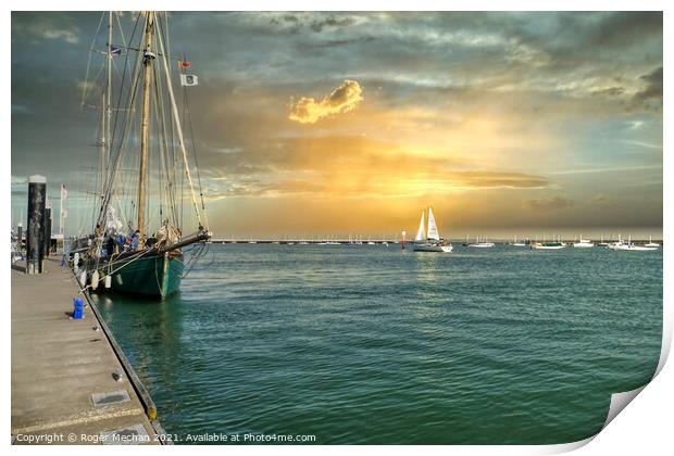 Lone Yacht Sailing Towards the Solent Print by Roger Mechan