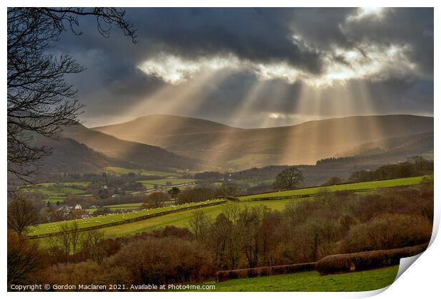 God's rays over the Brecon Beacons, South Wales Print by Gordon Maclaren