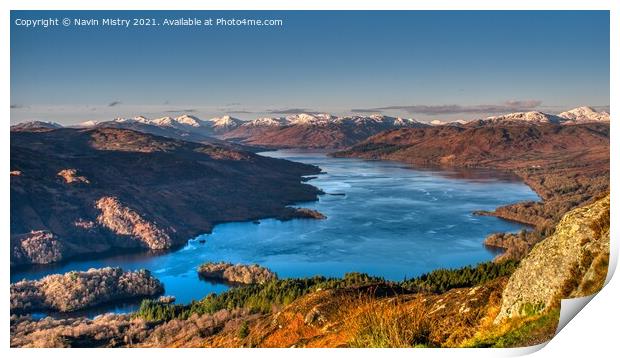 A Panoramic view of Loch Katrine from Ben A'an Print by Navin Mistry