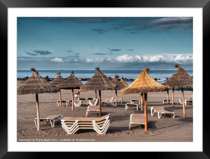 Beach with sunshades Playa Los Americas on Tenerife, Spain Framed Mounted Print by Frank Bach