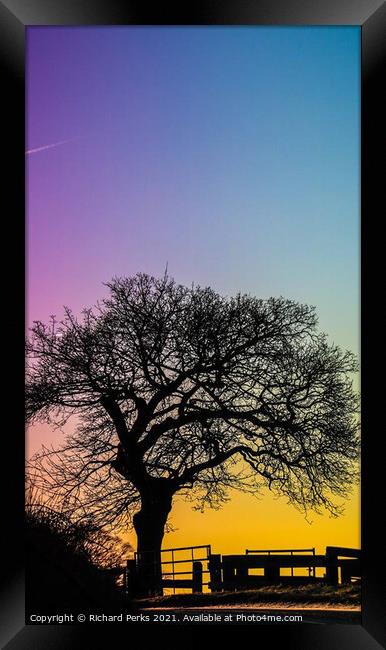 Guiseley, Tree silhouette at sunset Framed Print by Richard Perks