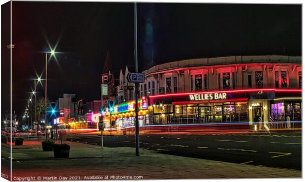 Wellies Bar Neon Nightlife on Skegness Seafront Canvas Print by Martin Day