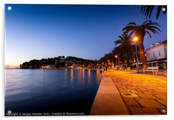Embankment of Cavtat town at dusk, Dubronick Riviera, Croatia. Acrylic by Sergey Fedoskin