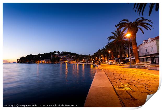 Embankment of Cavtat town at dusk, Dubronick Riviera, Croatia. Print by Sergey Fedoskin