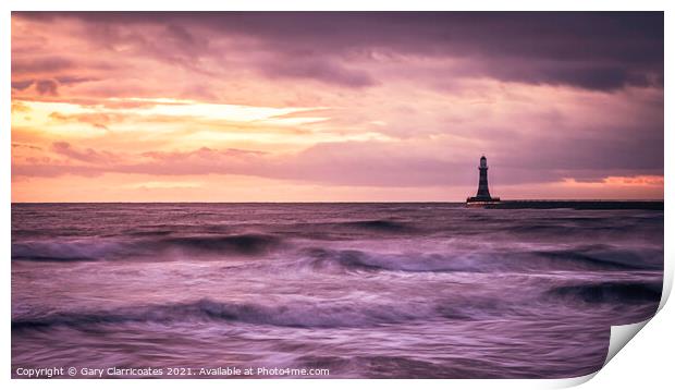 A Moody Sunrise at Roker Lighthouse Print by Gary Clarricoates