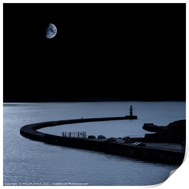 Seaham harbour by moonlight 641 Print by PHILIP CHALK