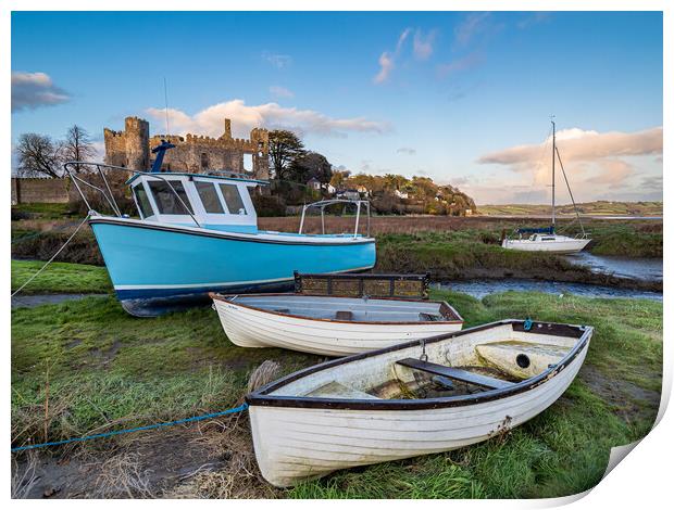Laugharne Castle and Boats. Print by Colin Allen