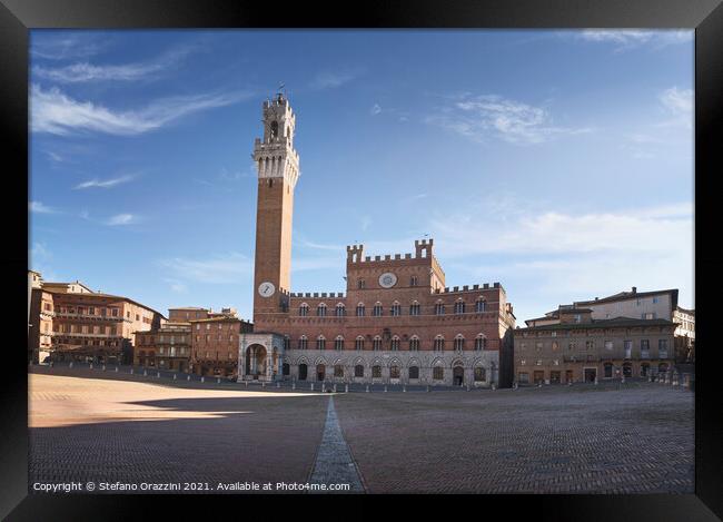 Siena, Piazza del Campo square and Mangia tower. Tuscany, Italy Framed Print by Stefano Orazzini