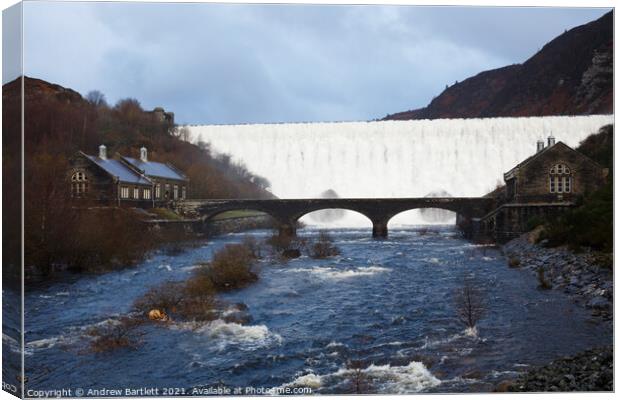 Caban Coch reservoir in overflow, Elan Valley, Mid Wales, UK Canvas Print by Andrew Bartlett