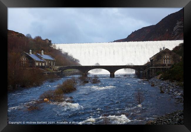 Caban Coch reservoir in overflow, Elan Valley, Mid Wales, UK Framed Print by Andrew Bartlett