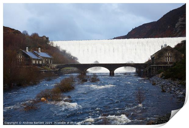 Caban Coch reservoir in overflow, Elan Valley, Mid Wales, UK Print by Andrew Bartlett