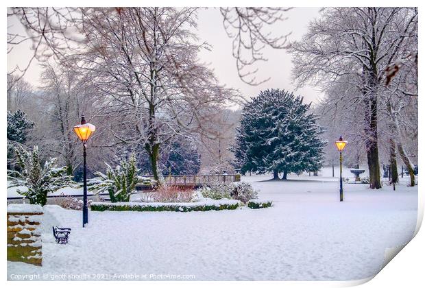 The Pavilion Gardens in the snow Print by geoff shoults