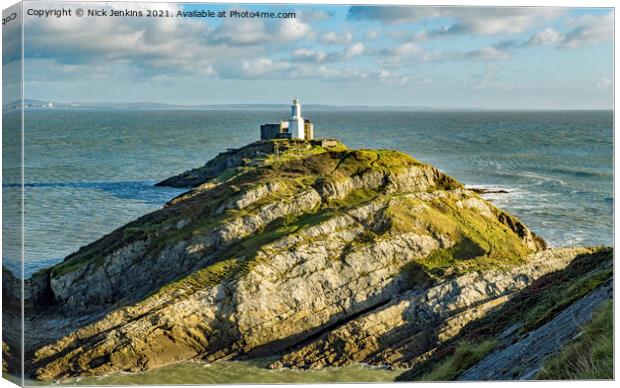 Mumbles Lighthouse on a rock in Gower south Wales Canvas Print by Nick Jenkins