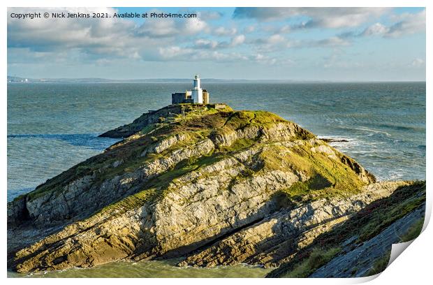 Mumbles Lighthouse on a rock in Gower south Wales Print by Nick Jenkins