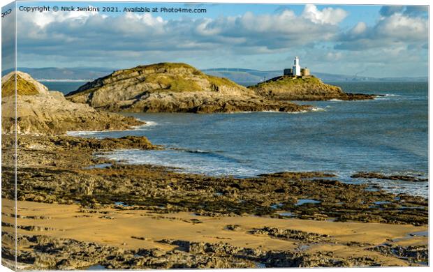 Mumbles lighthouse from Bracelet Bay on Gower  Canvas Print by Nick Jenkins