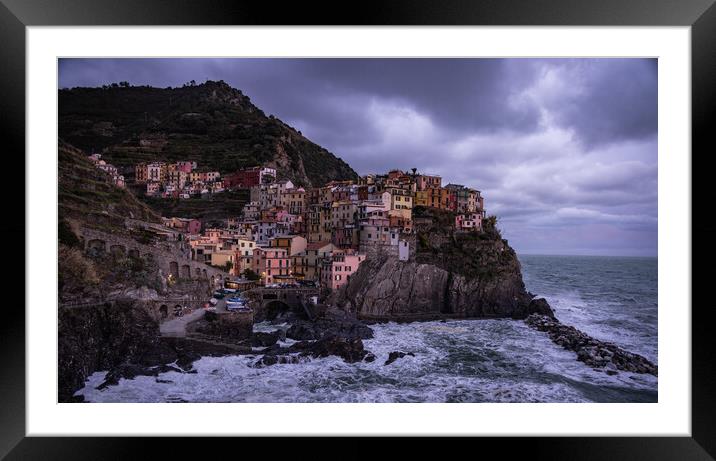Beautiful Manarola at Cinque Terre Italy in the evening Framed Mounted Print by Erik Lattwein