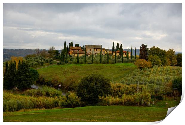 Typical country houses and cypresses in Tuscany Print by Erik Lattwein
