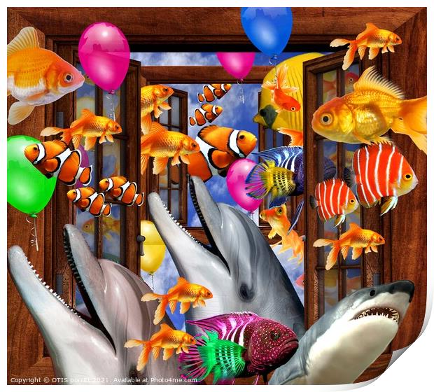 OUTSIDE THE WINDOW-SWIMMING WITH FISHES Print by OTIS PORRITT