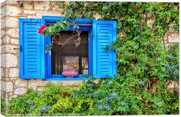 Blue window with shutters and flowers, Alacati, Canvas Print by Kevin Hellon