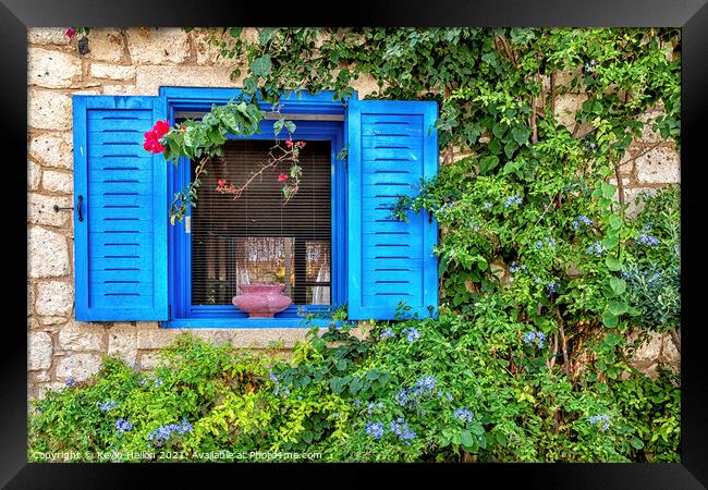 Blue window with shutters and flowers, Alacati, Framed Print by Kevin Hellon