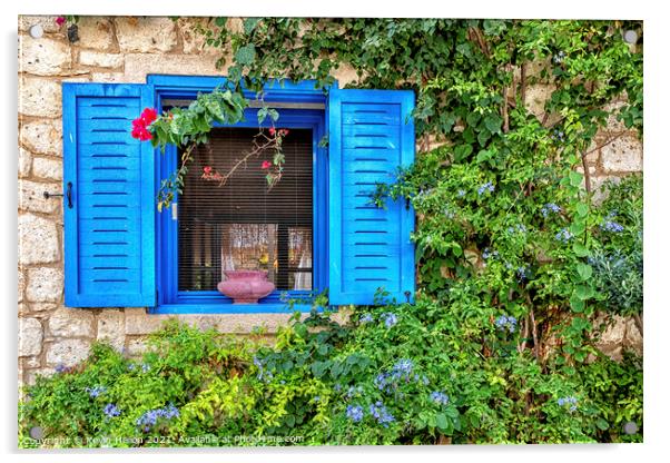 Blue window with shutters and flowers, Alacati, Acrylic by Kevin Hellon