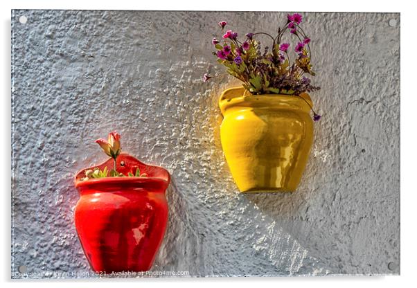 Colourful plantpots with flowers hanging on a wall, Acrylic by Kevin Hellon