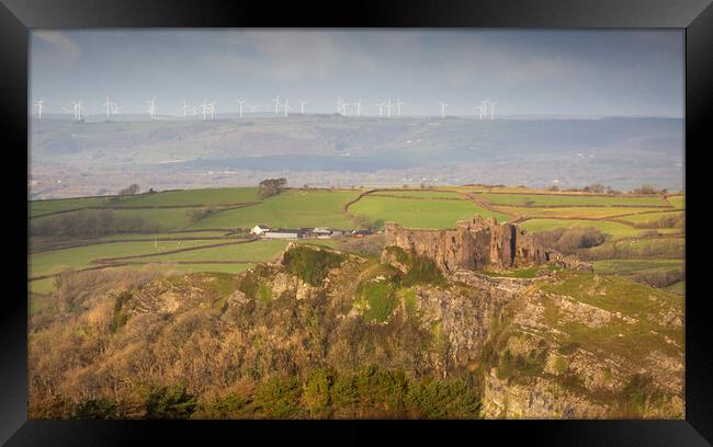Wind turbines above Carreg Cennen castle Framed Print by Leighton Collins