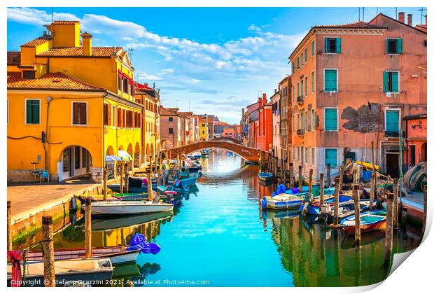 Chioggia town in venetian lagoon, water canal and boats. Print by Stefano Orazzini