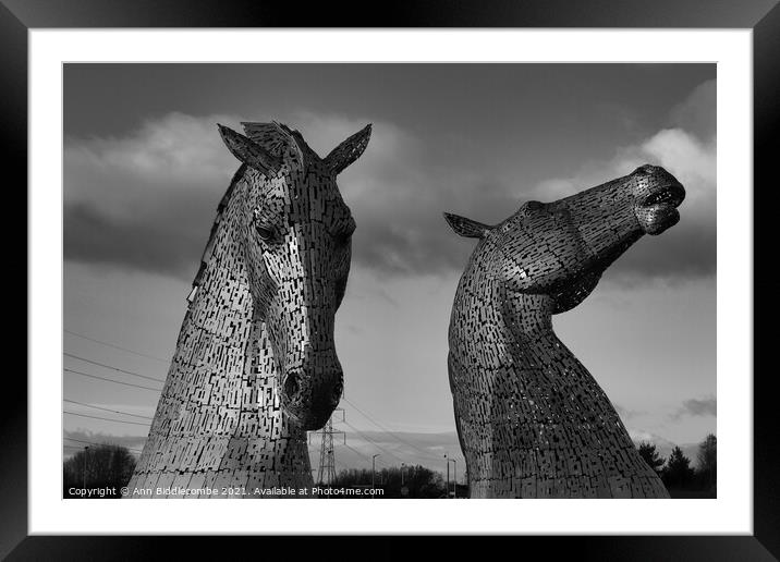 Black and white Kelpies in Scotland Framed Mounted Print by Ann Biddlecombe