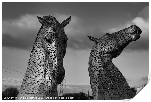 Black and white Kelpies in Scotland Print by Ann Biddlecombe