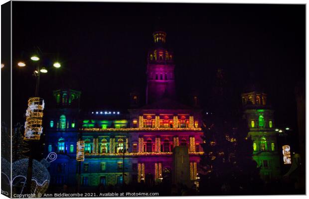 City chambers in George square lit for Christmas Canvas Print by Ann Biddlecombe