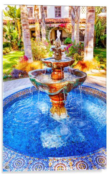 Mexican Tile Fountain Garden Mission San Buenaventura Ventura Ca Acrylic by William Perry