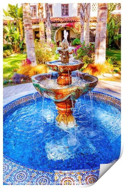 Mexican Tile Fountain Garden Mission San Buenaventura Ventura Ca Print by William Perry