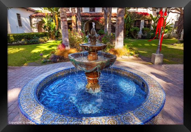 Mexican Tile Fountain Mission San Buenaventura Ventura California Framed Print by William Perry