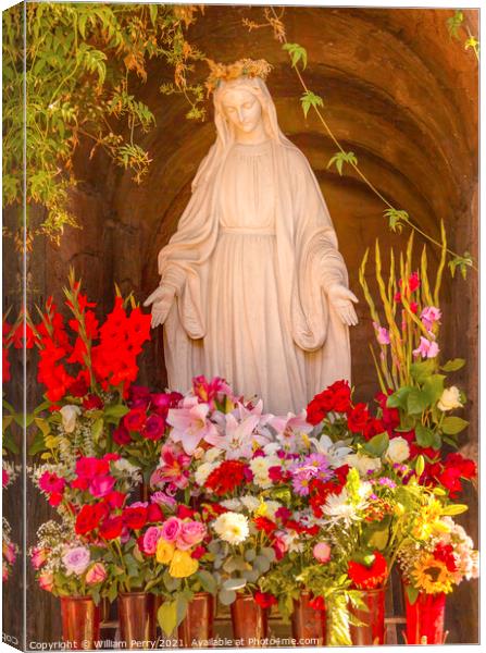 Virgin Mary Statue Flowers Garden Mission San Buenaventura Ventu Canvas Print by William Perry