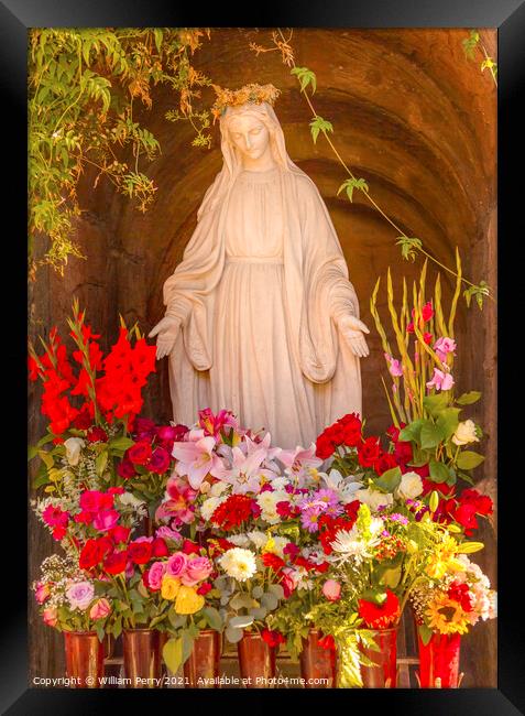 Virgin Mary Statue Flowers Garden Mission San Buenaventura Ventu Framed Print by William Perry