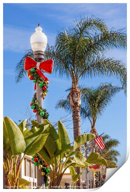 Christmas Wreath Street Light Lantern Decorations Ventura Califo Print by William Perry