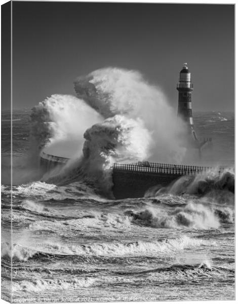 Storm Arwen Roker Lighthouse Black and White Canvas Print by Darren Johnson