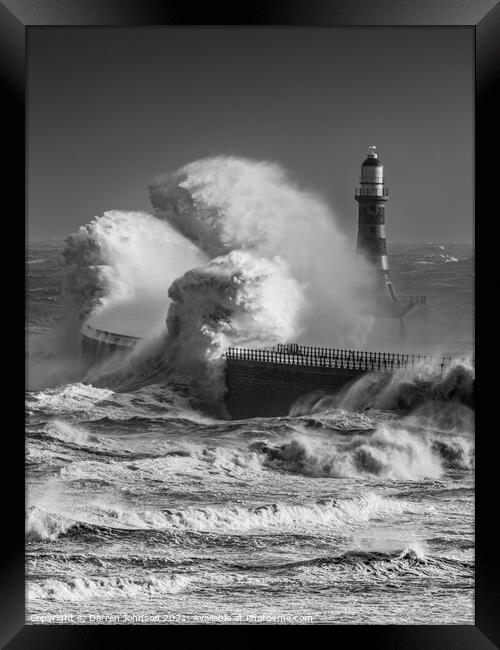 Storm Arwen Roker Lighthouse Black and White Framed Print by Darren Johnson
