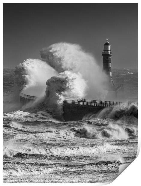Storm Arwen Roker Lighthouse Black and White Print by Darren Johnson