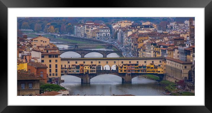 Ponte Vecchiio Bridge in the city of Florence in Italy Tuscany Framed Mounted Print by Erik Lattwein